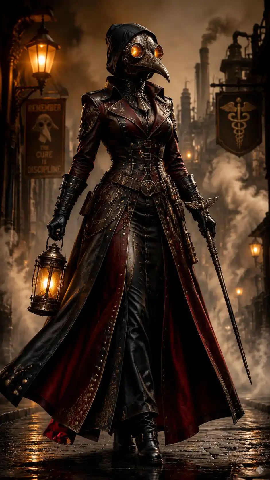 Gothic steampunk plague doctor woman on industrial street