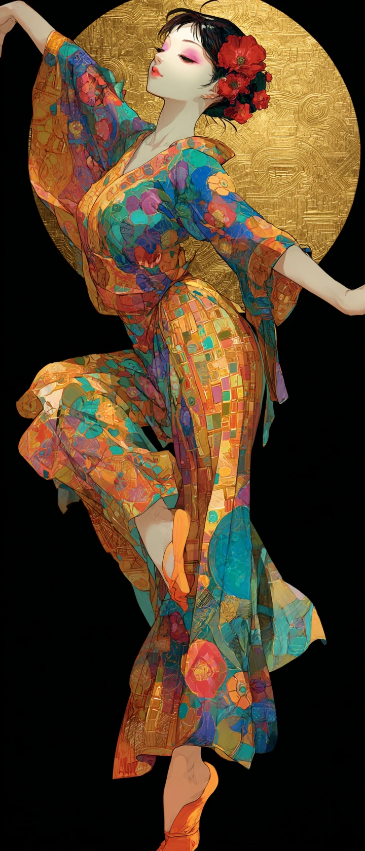 Bailarina de anime elegante en pintura estilizada inspirada en Klimt
