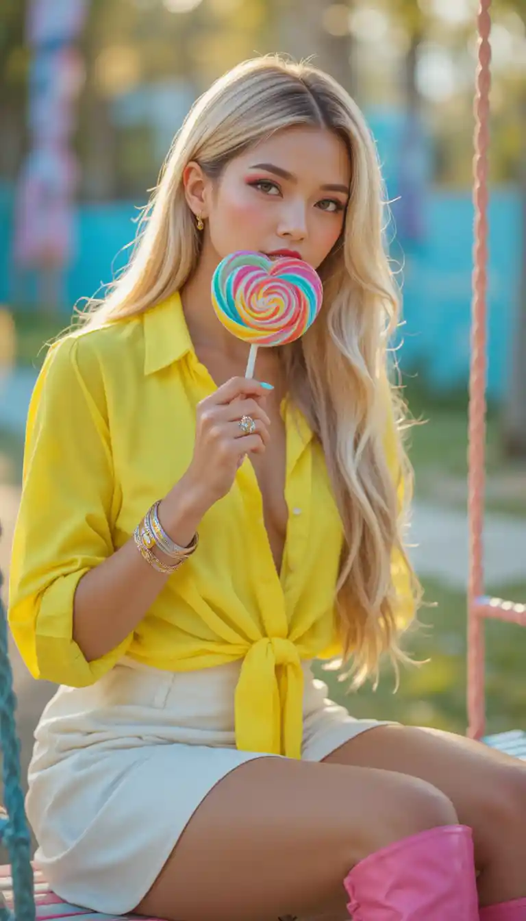 Glamorous woman on a summer swing with heart lollipop