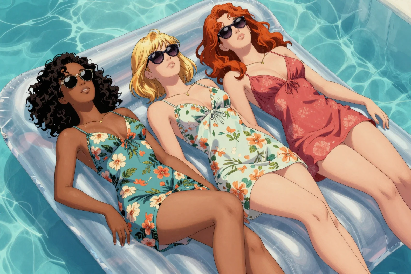 Three women sunbathing on a floating transparent mattress