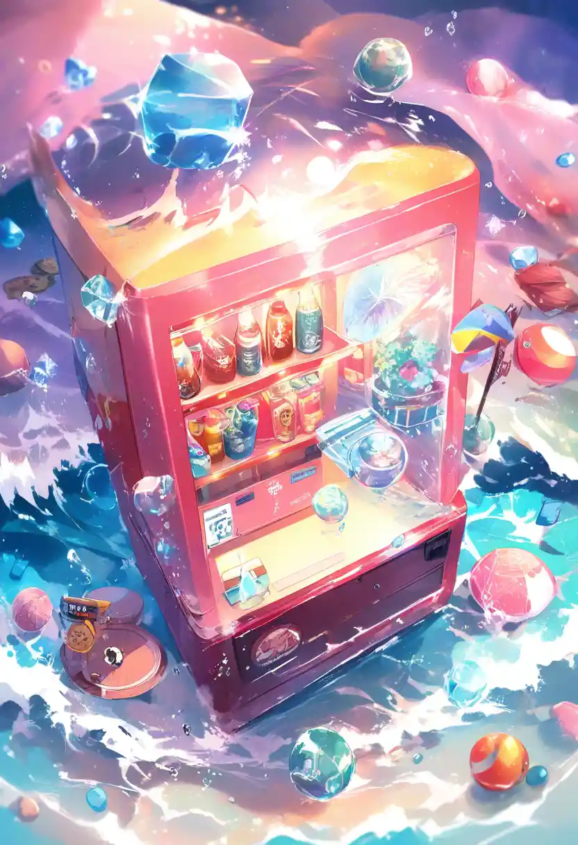 Abandoned vending machine revealing a joyful miniature beach world