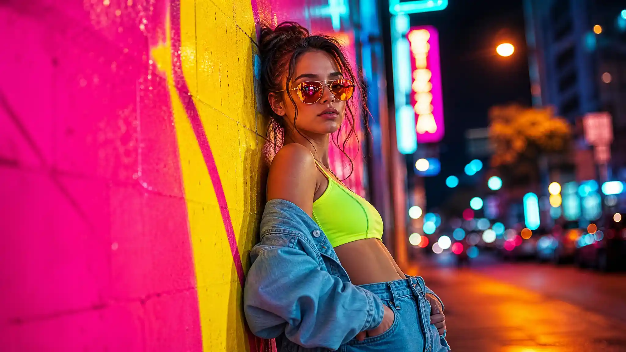 Confident woman in neon street fashion against glowing wall