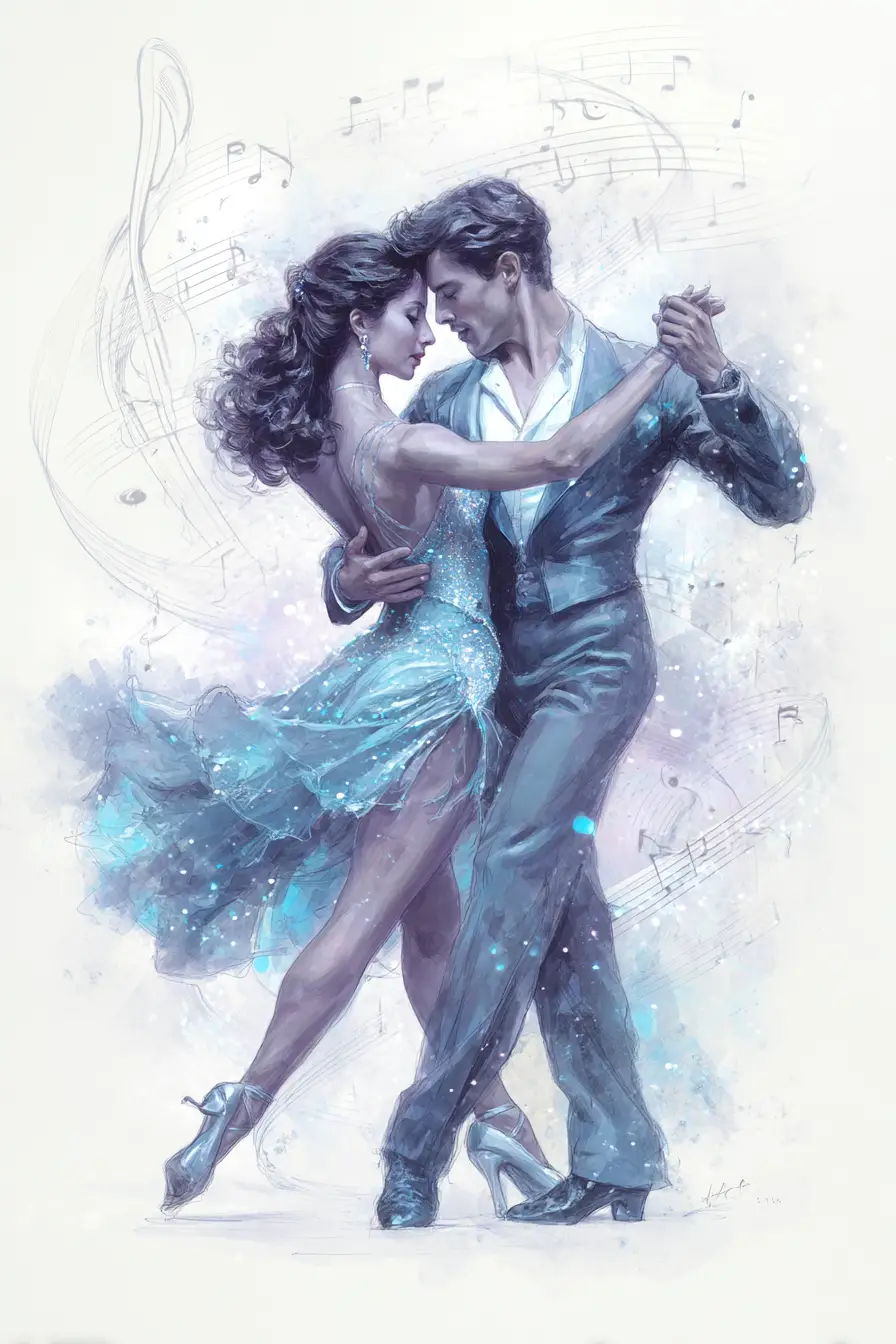 Watercolor dancing couple surrounded by glowing musical notes