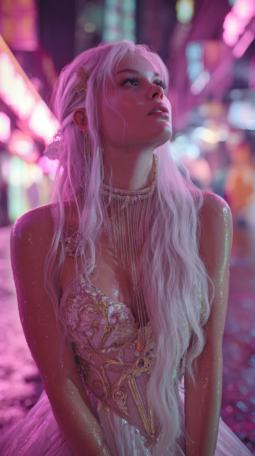 White haired woman in neon futuristic city close up