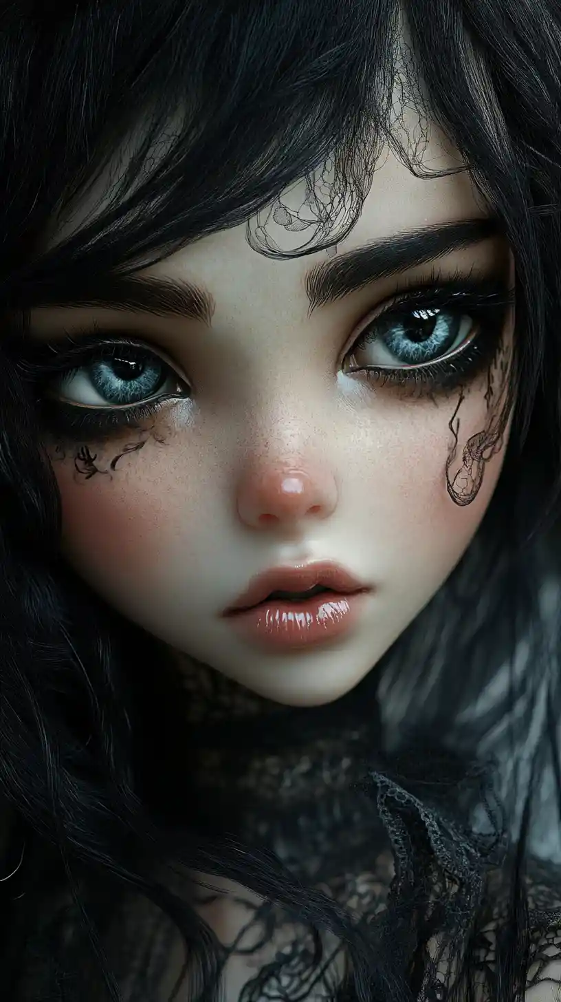 Gothic doll like girl portrait with large glassy eyes