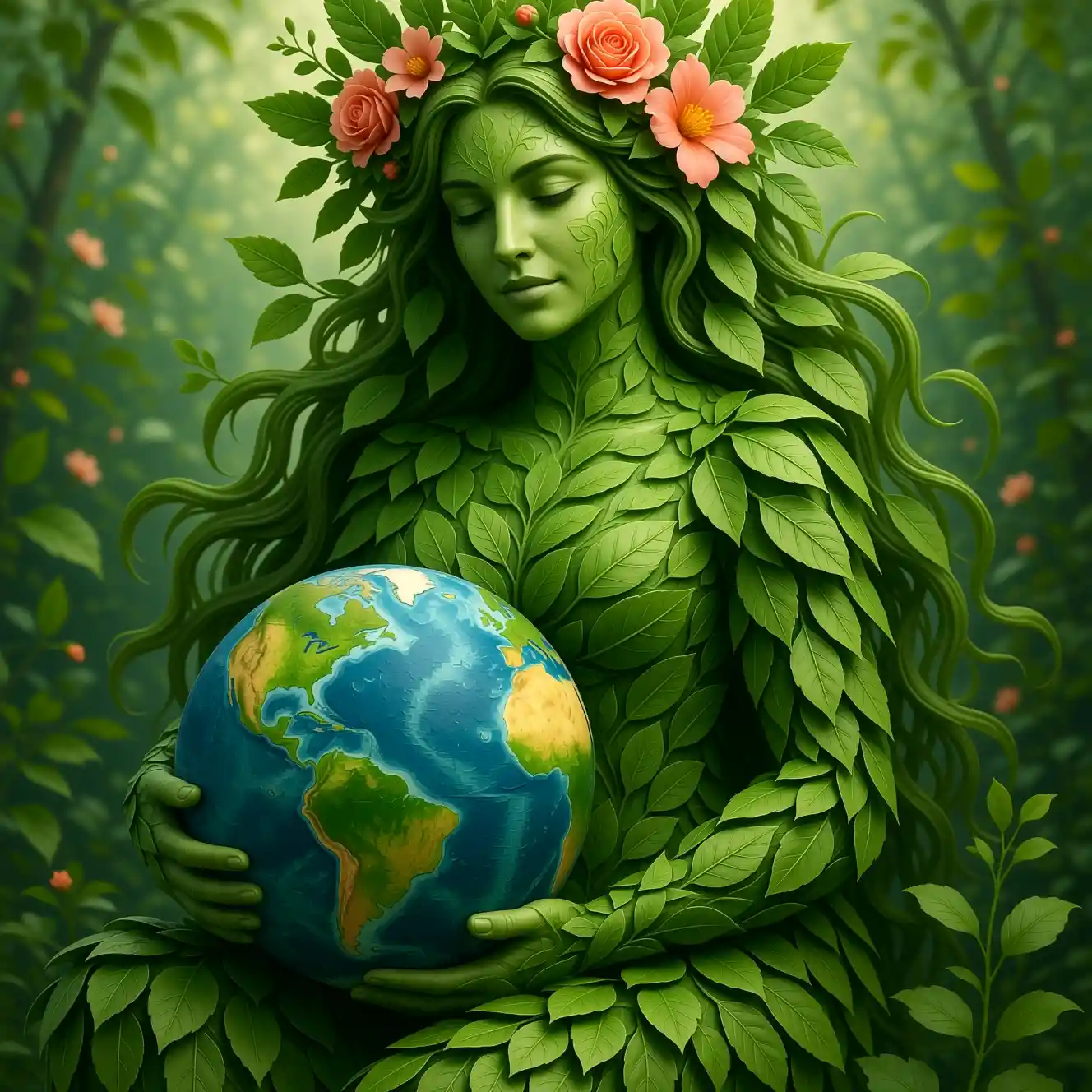 Leaf and flower goddess cradling a glowing earth globe
