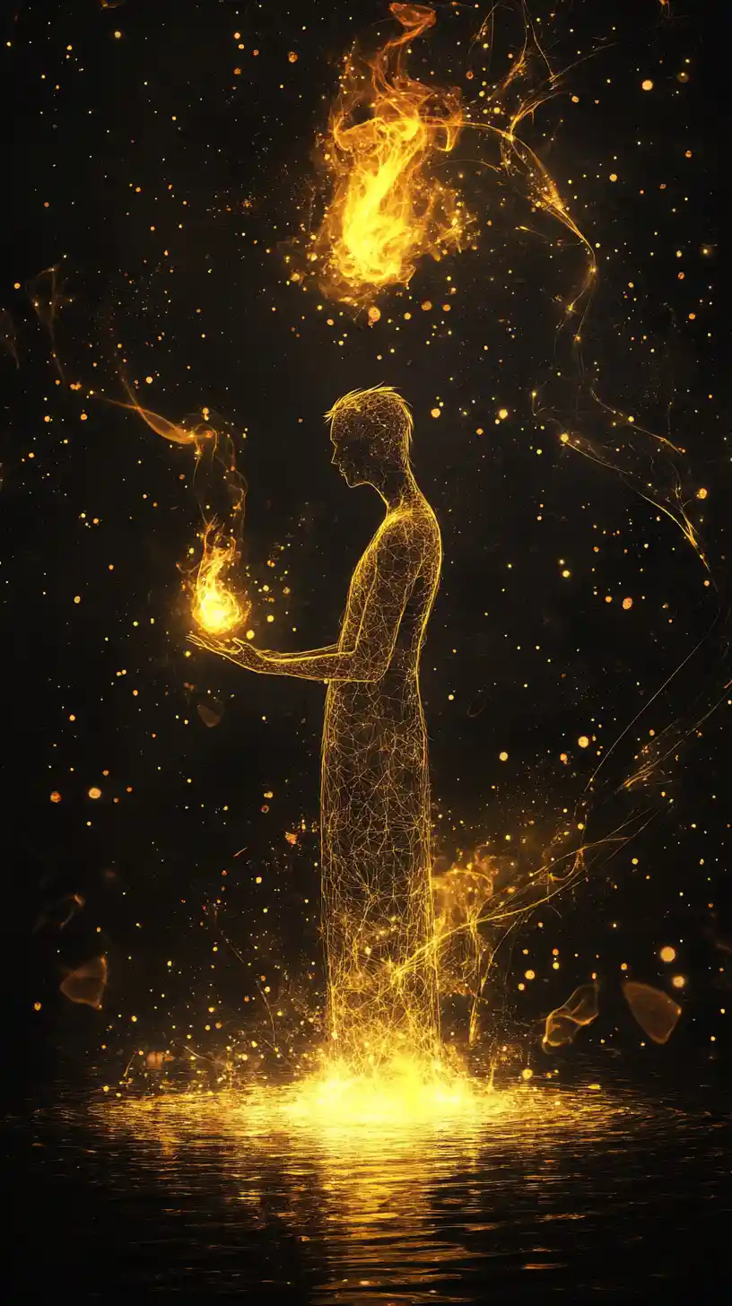 Glowing silhouette figure with floating golden light flame