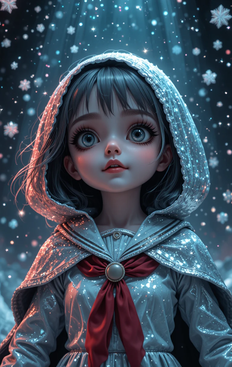 Creepy sailor doll under glittering stars and snowflakes