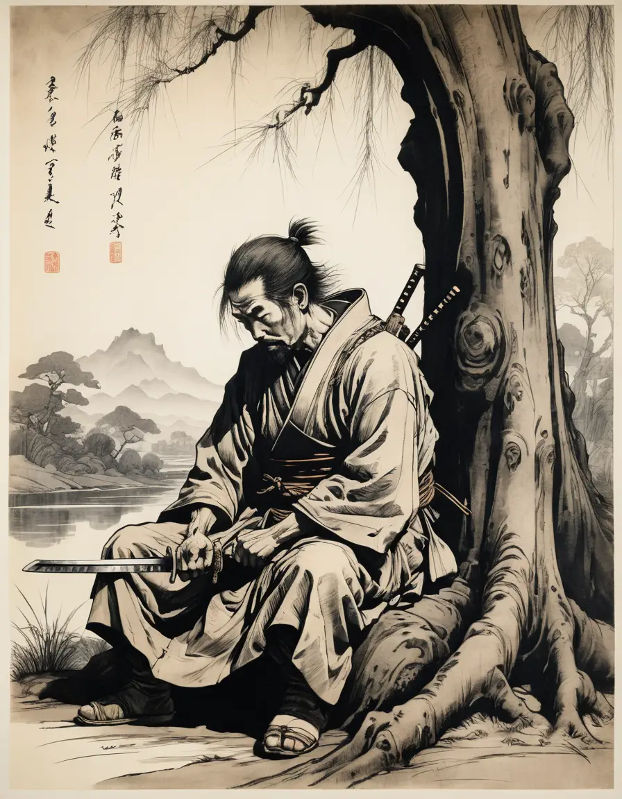 Verwundeter Samurai ruht unter einer Trauerweide