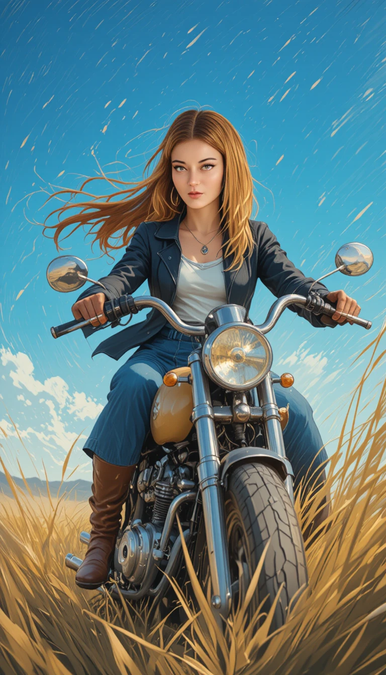 Girl riding a motorcycle across a sunny grass field