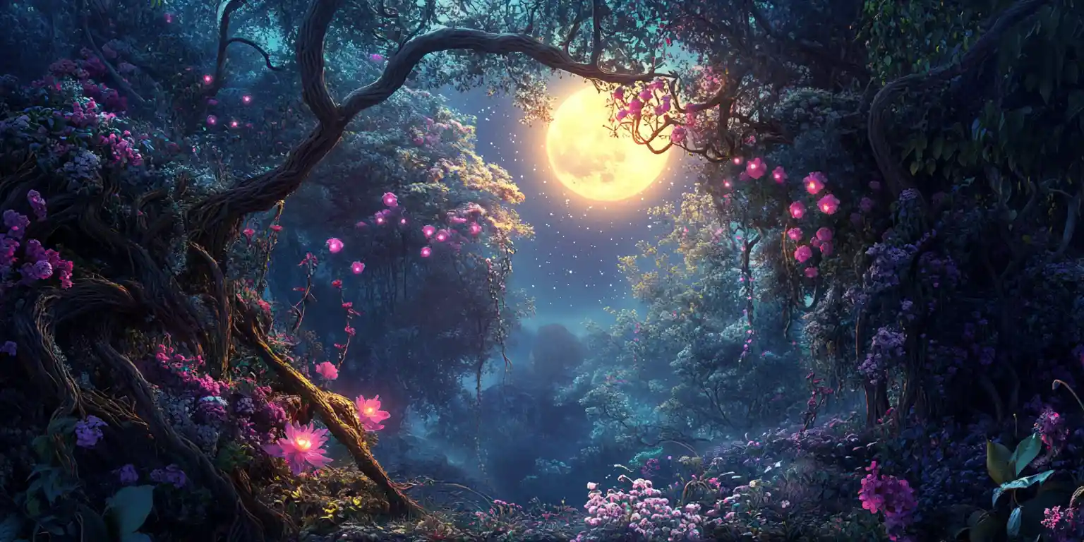 Bioluminescent Garden Under A Glowing Moon In Enchanted Forest