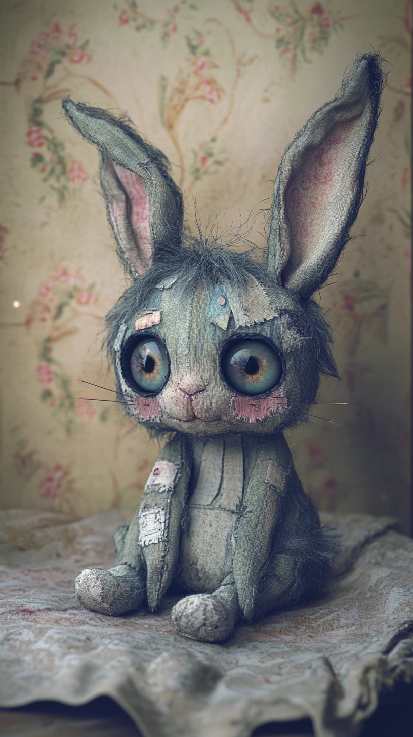 Stitched toy rabbit in a dim magical nursery corner