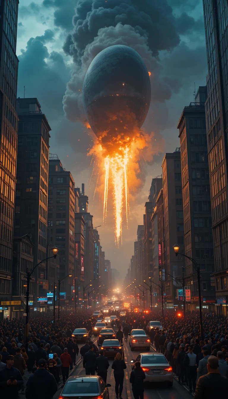 Panicked city crowd watching burning object fall at dusk