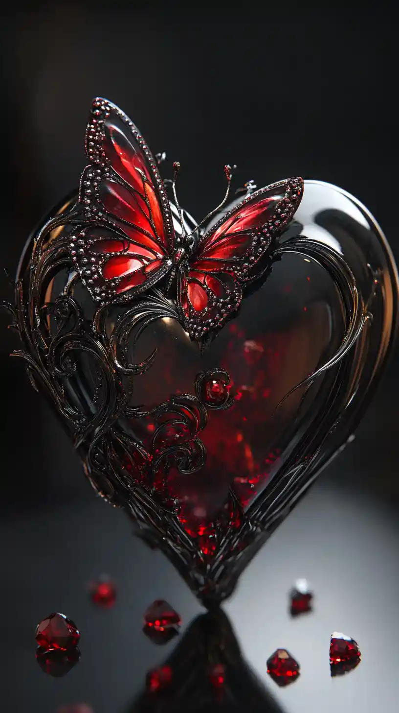 Glass heart with crimson butterfly and gothic jewelry