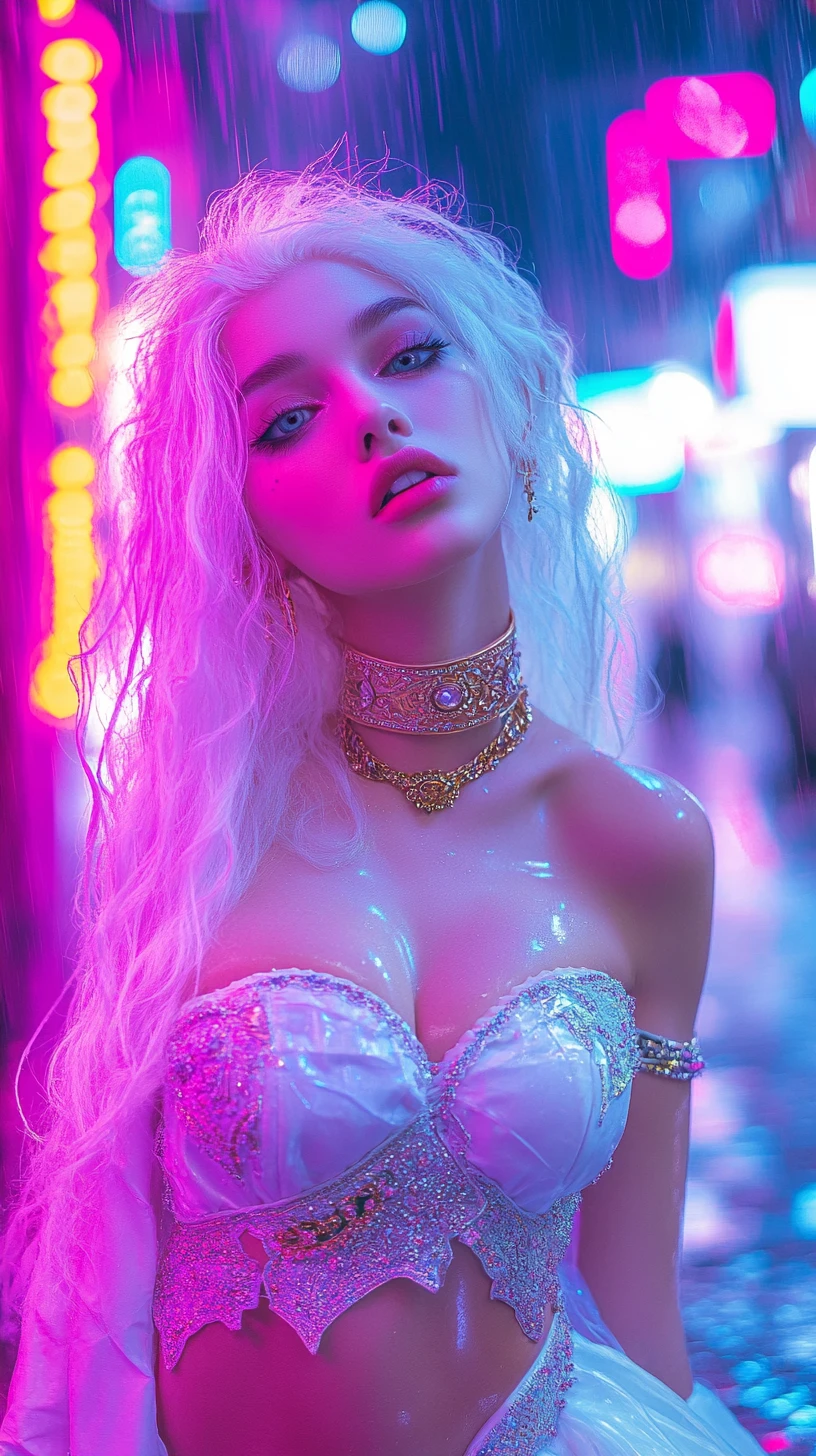 Donna dai capelli bianchi in una città futuristica al neon di notte