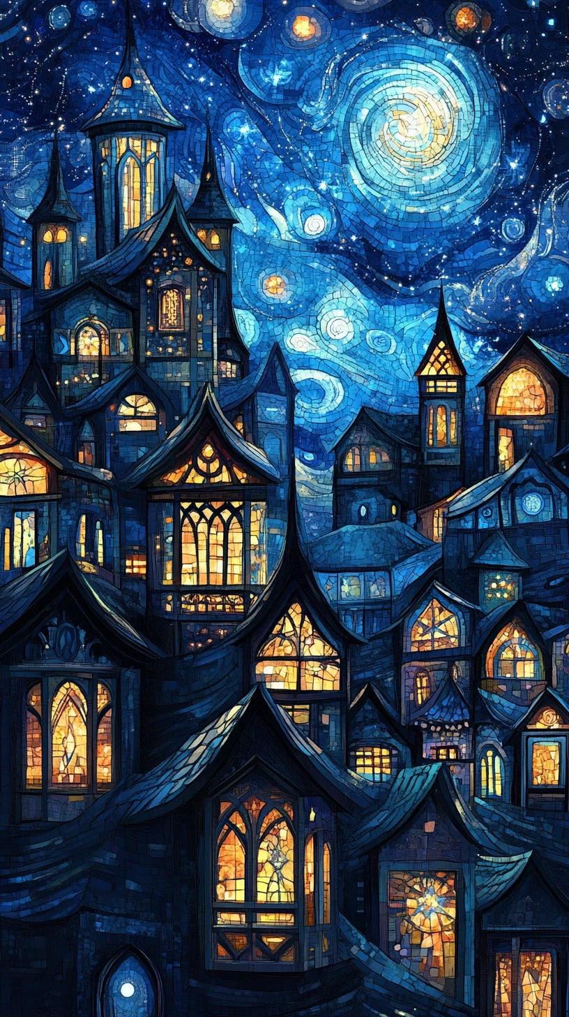 Serene fantasy village under a glowing deep blue night sky