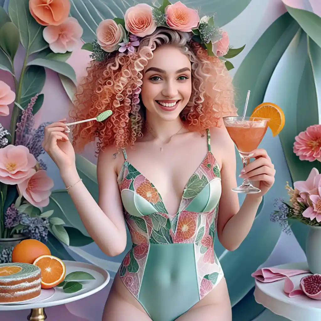Smiling girl with cocktail in a soft floral spring scene