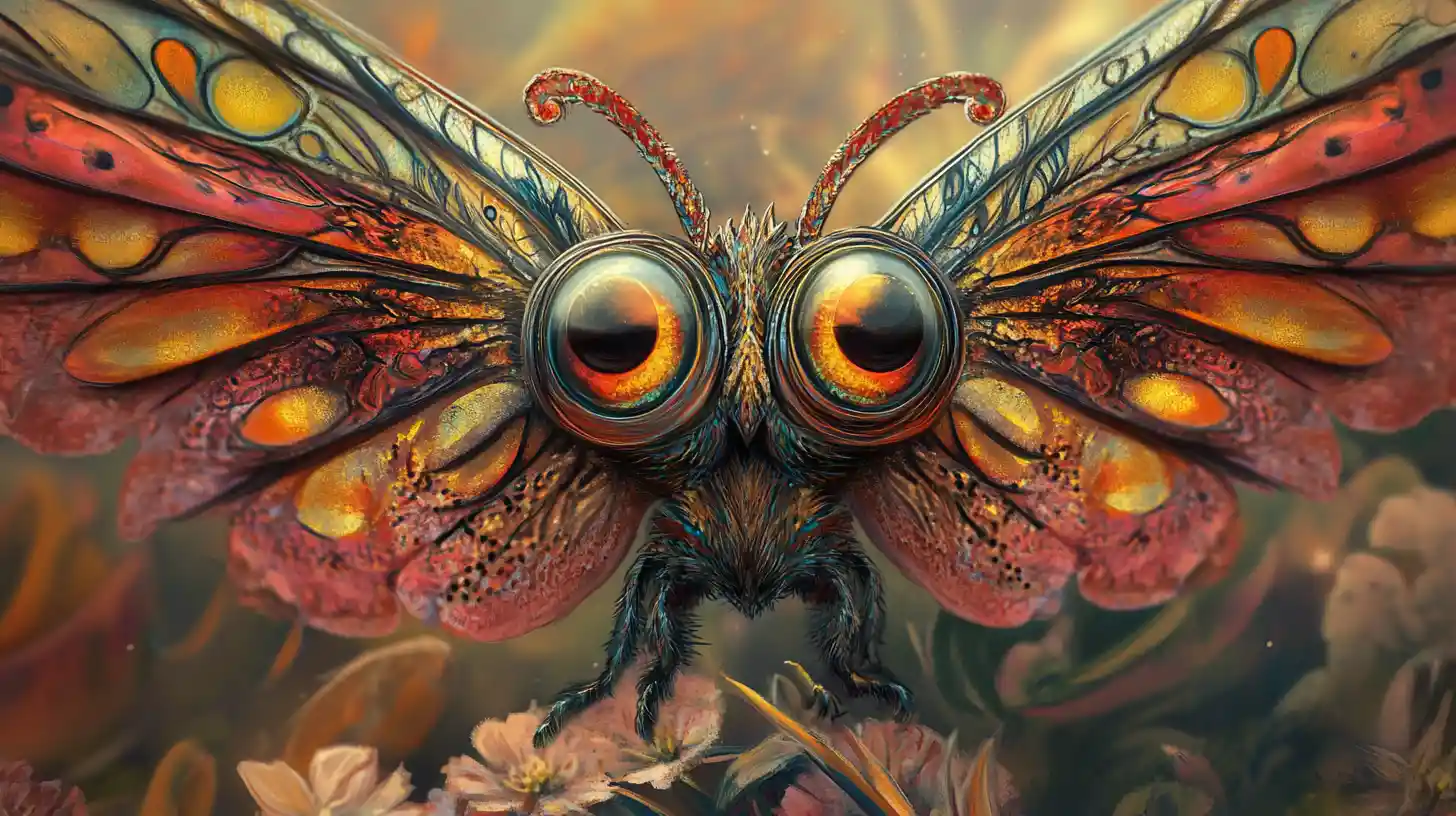 Colorful winged fantasy creature with curious macro detail
