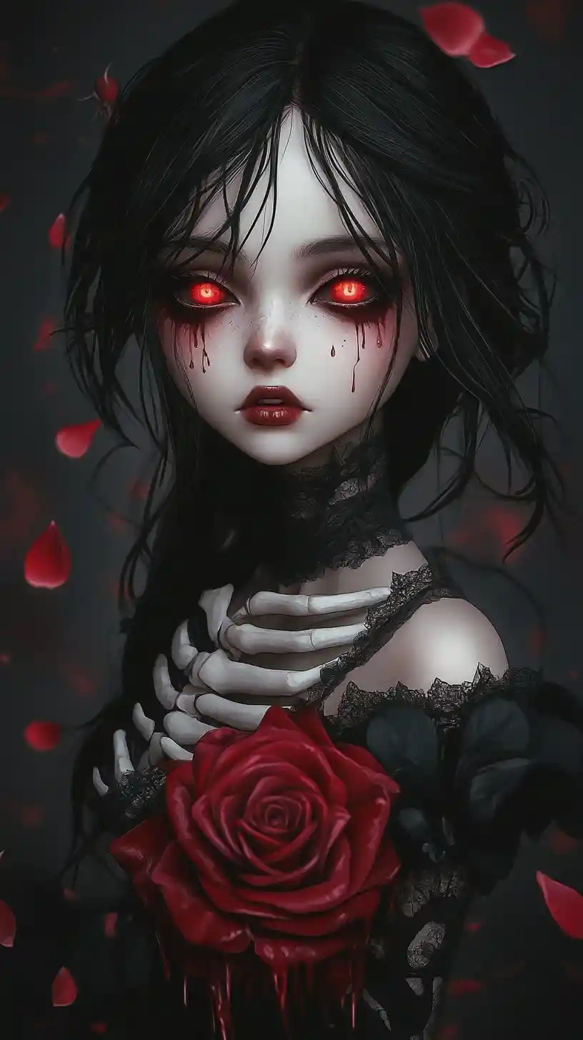 Gothic doll girl with glowing red eyes and roses