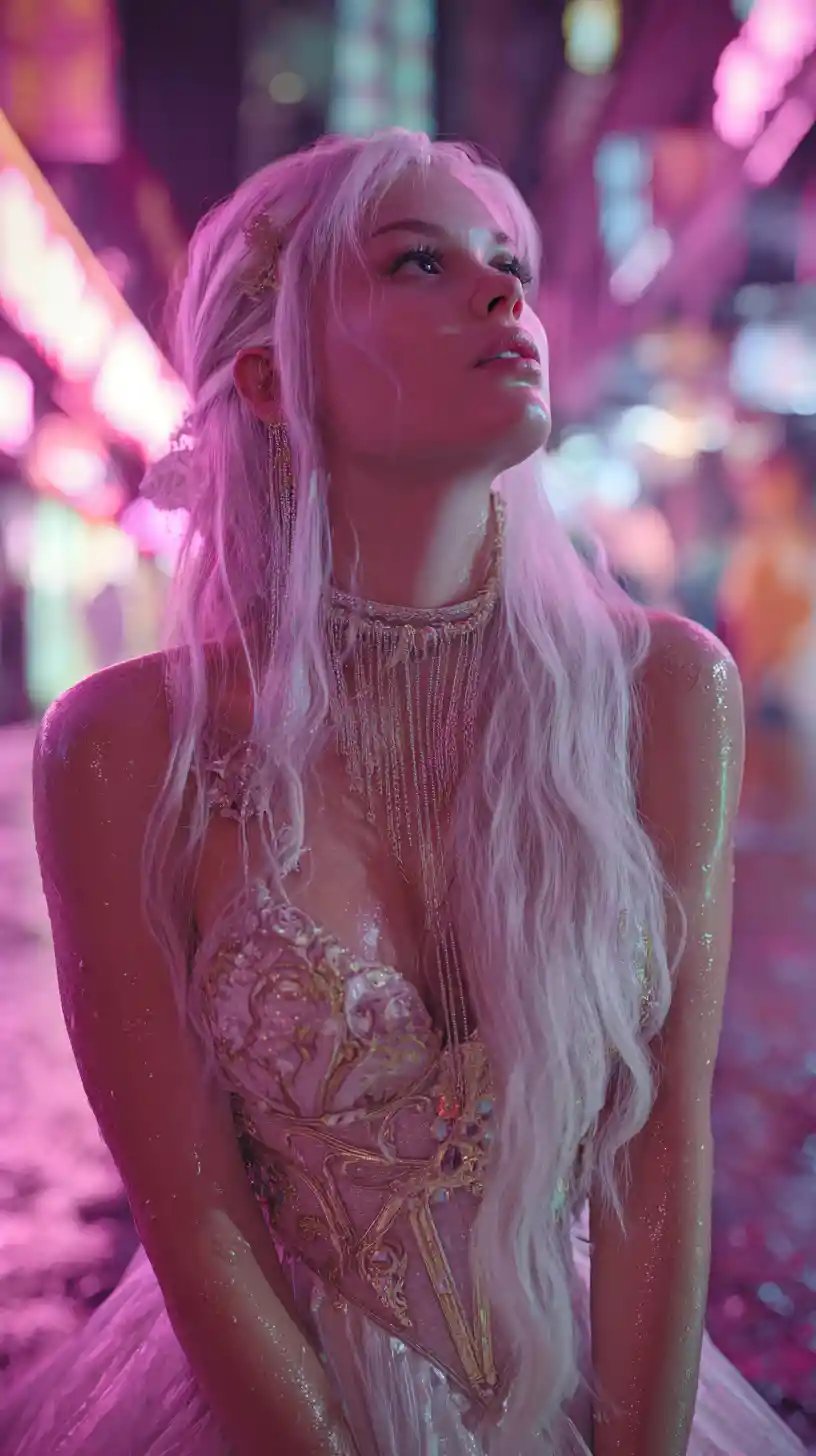 White haired woman in neon futuristic city close up