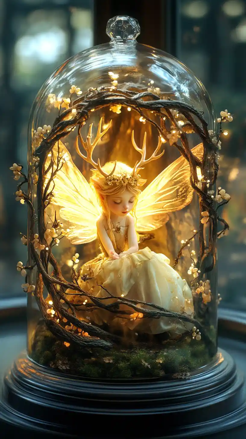 Tiny forest fairy curled inside a glowing glass jar