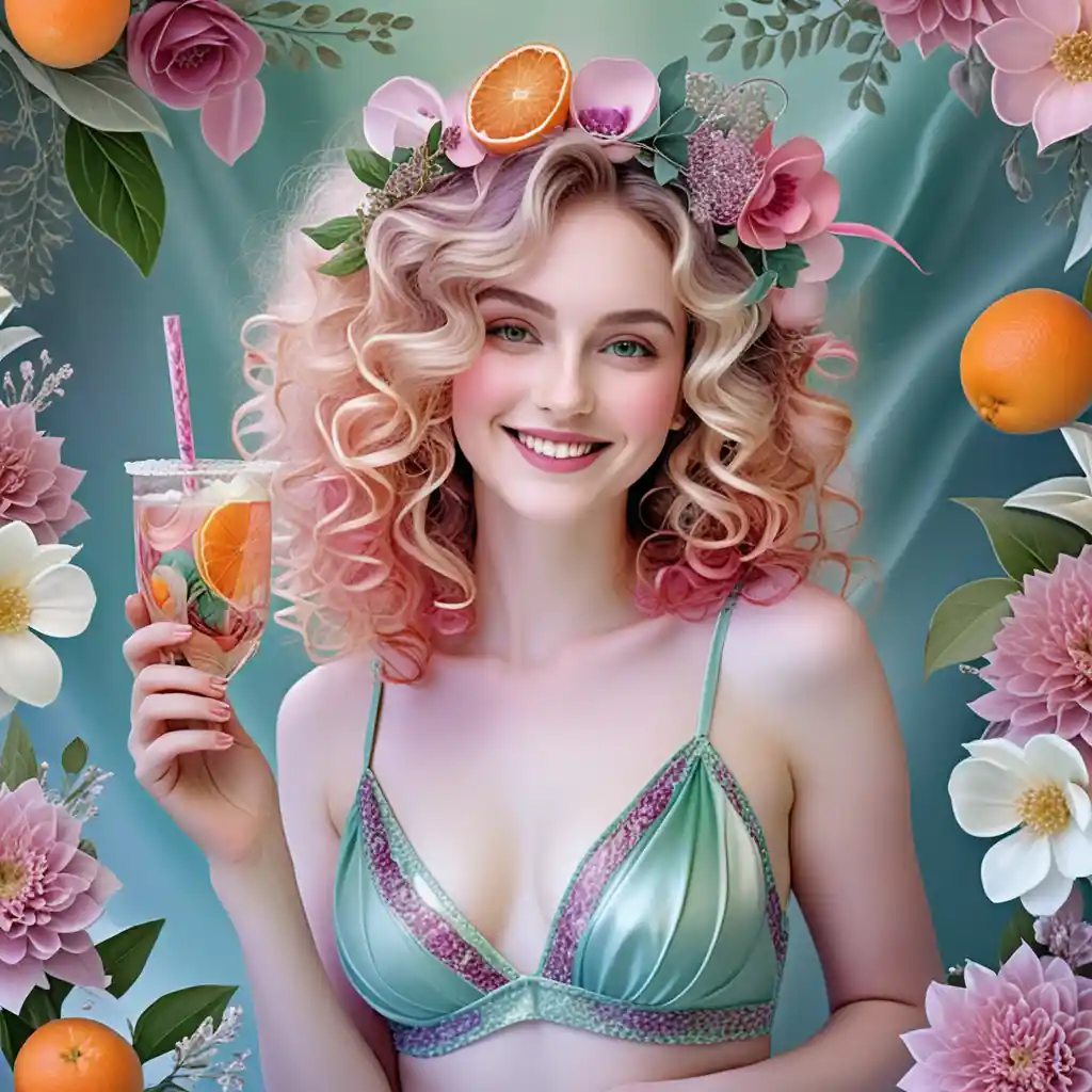 Woman With Spring Cocktail Smiling In Soft Green Fantasy Scene
