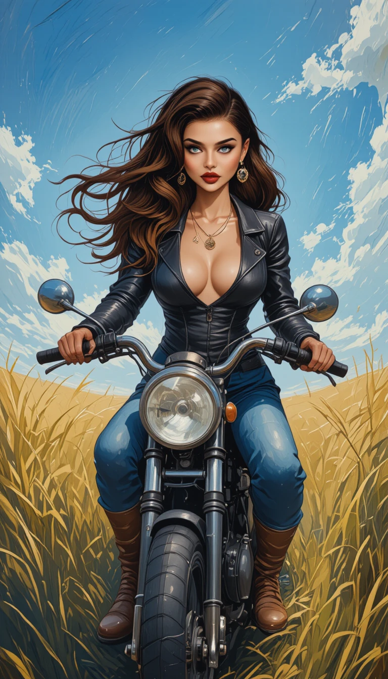Girl riding a motorcycle across a sunny grass field