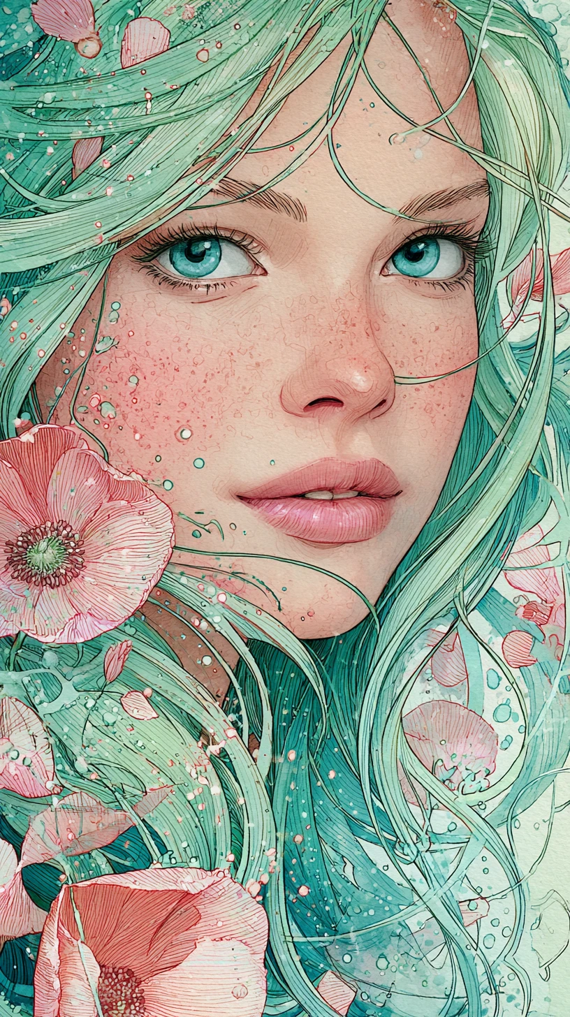 水彩花髮空靈少女肖像