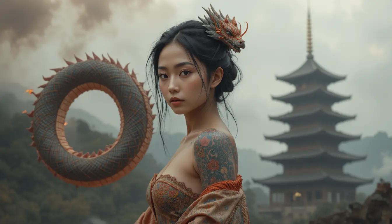 Japanese woman with dragon tattoo before burning temple