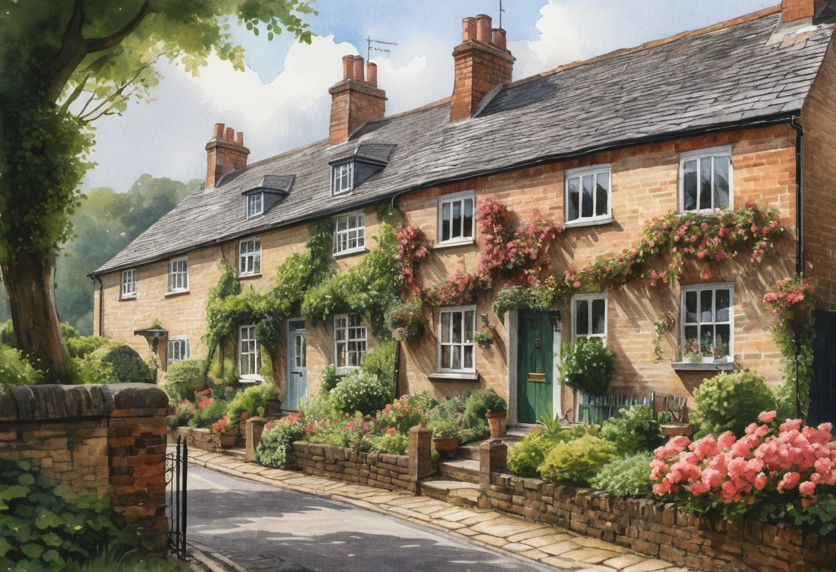 Rainy English village cottages along a cobbled inn path