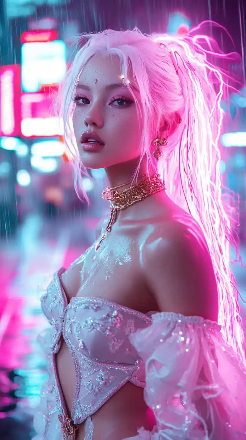 White haired woman in neon futuristic city at night