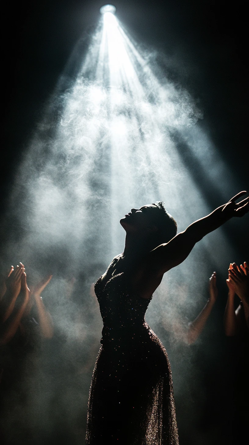 Flirtatious performer in a spotlight on a shadowy stage