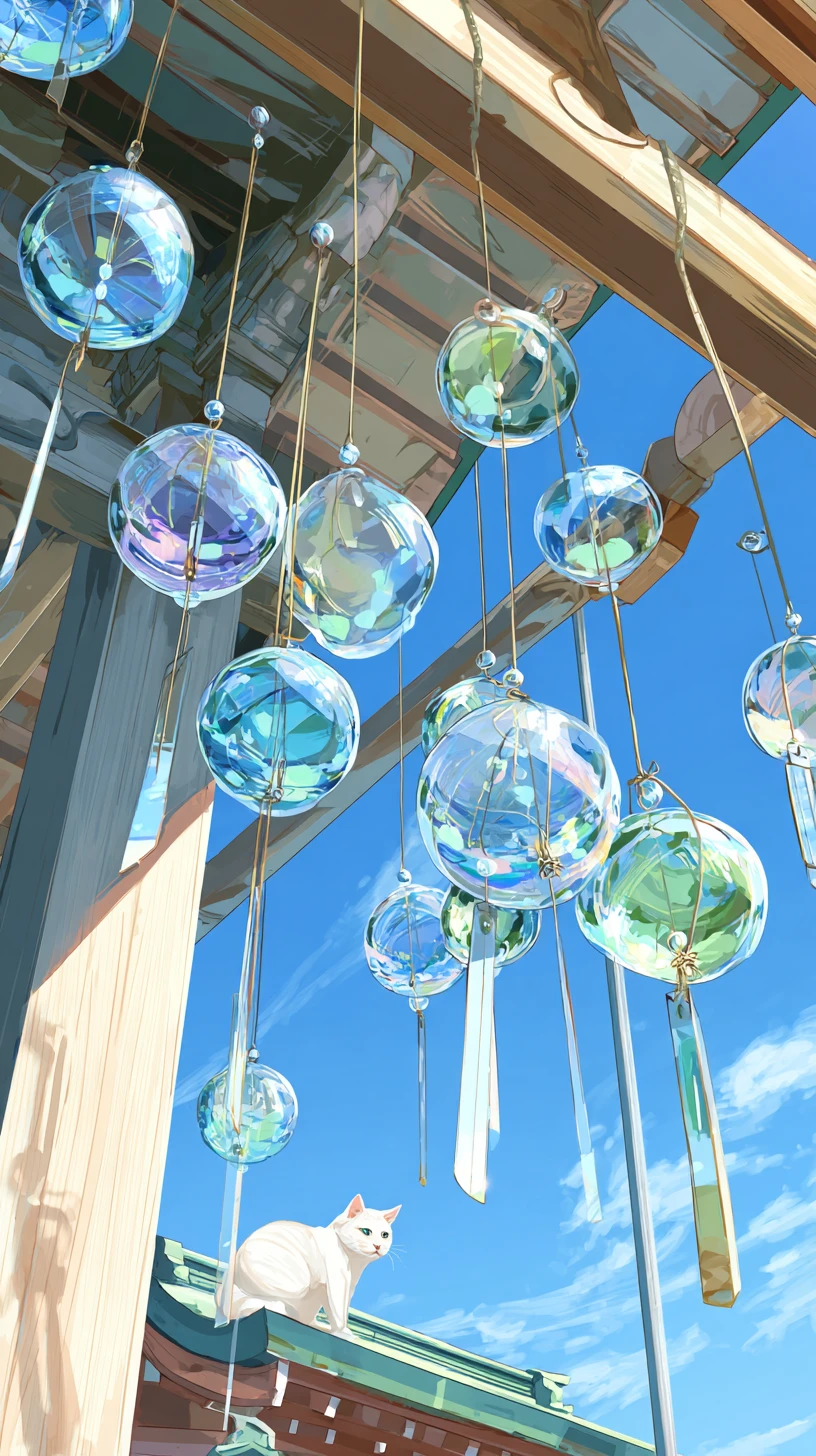 Colorful glass wind chimes above a calm shrine cat