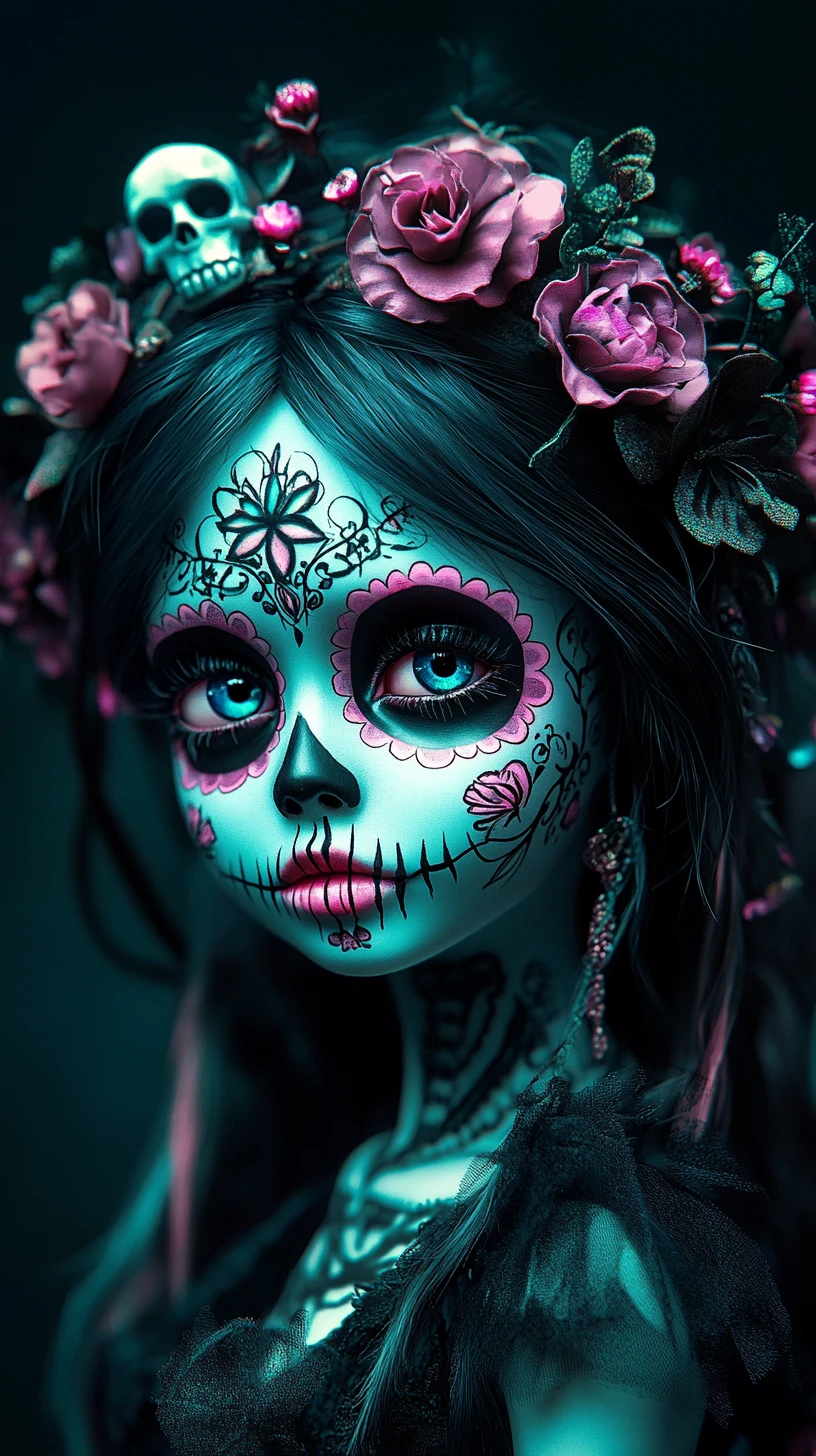 Gothic doll girl with neon sugar skull face and flowers