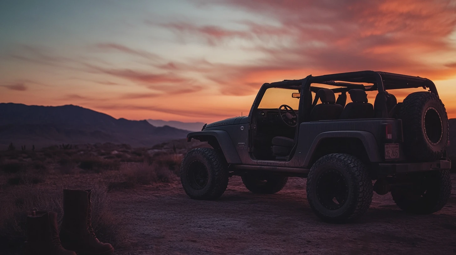 Jeep Parked In Desert At Sunset With Boots At Door