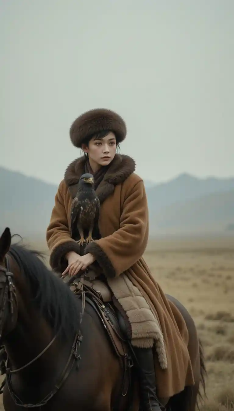 Japanese huntress on horseback with hooded golden eagle