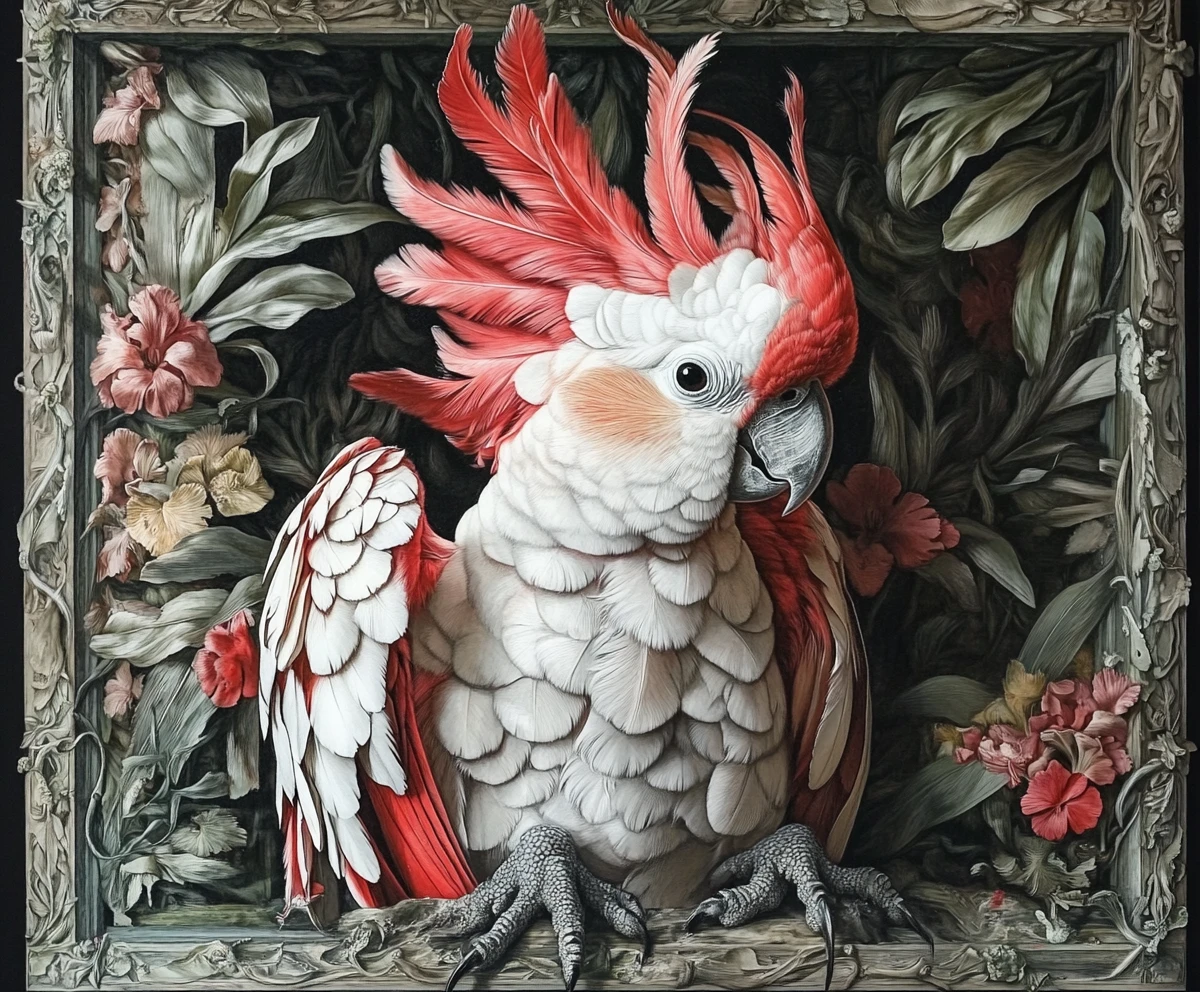 Ilusión surrealista de un cacatúa de palma en formas abstractas