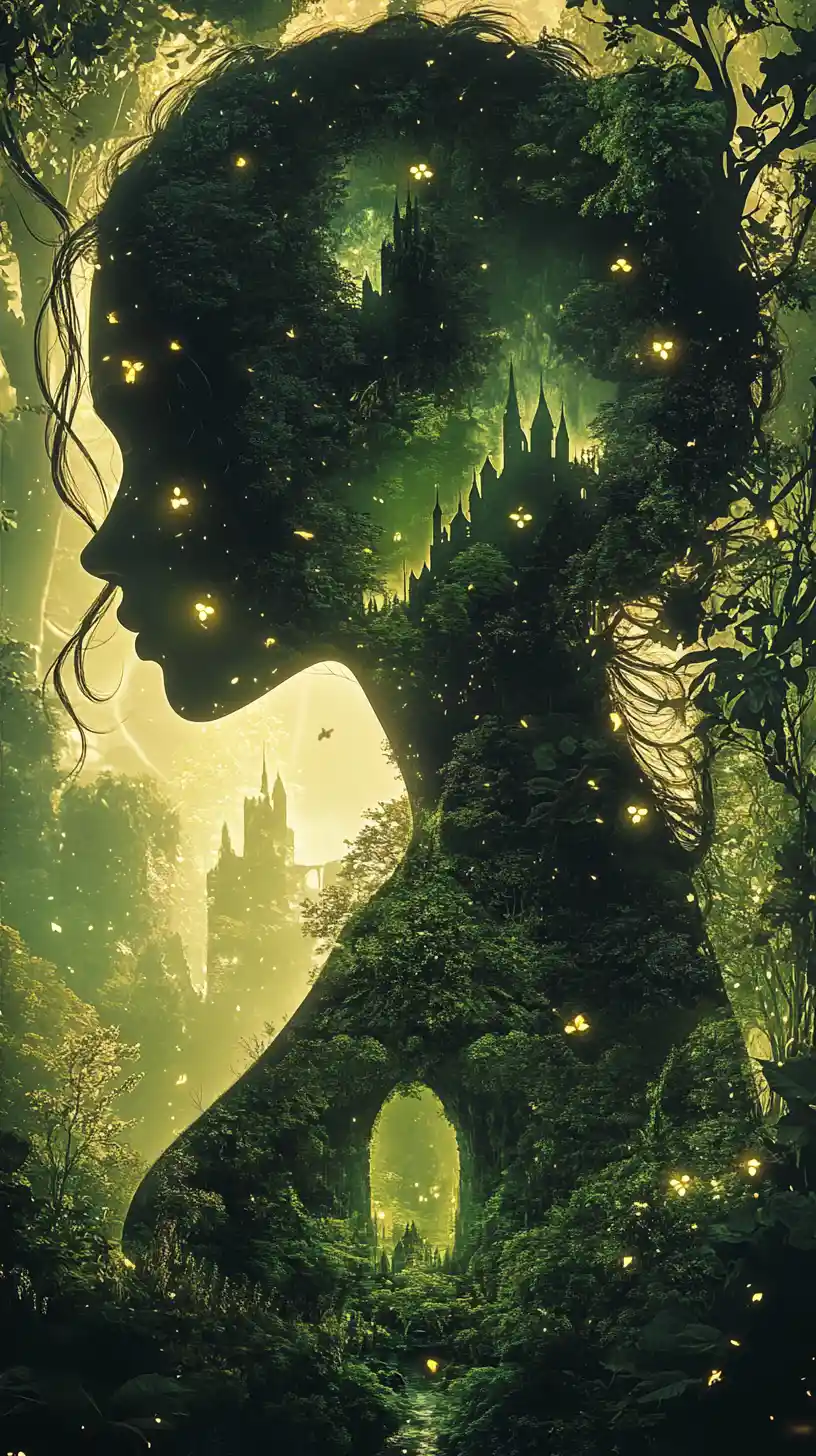 Enchanted Forest Woman Silhouette With Hidden Castles