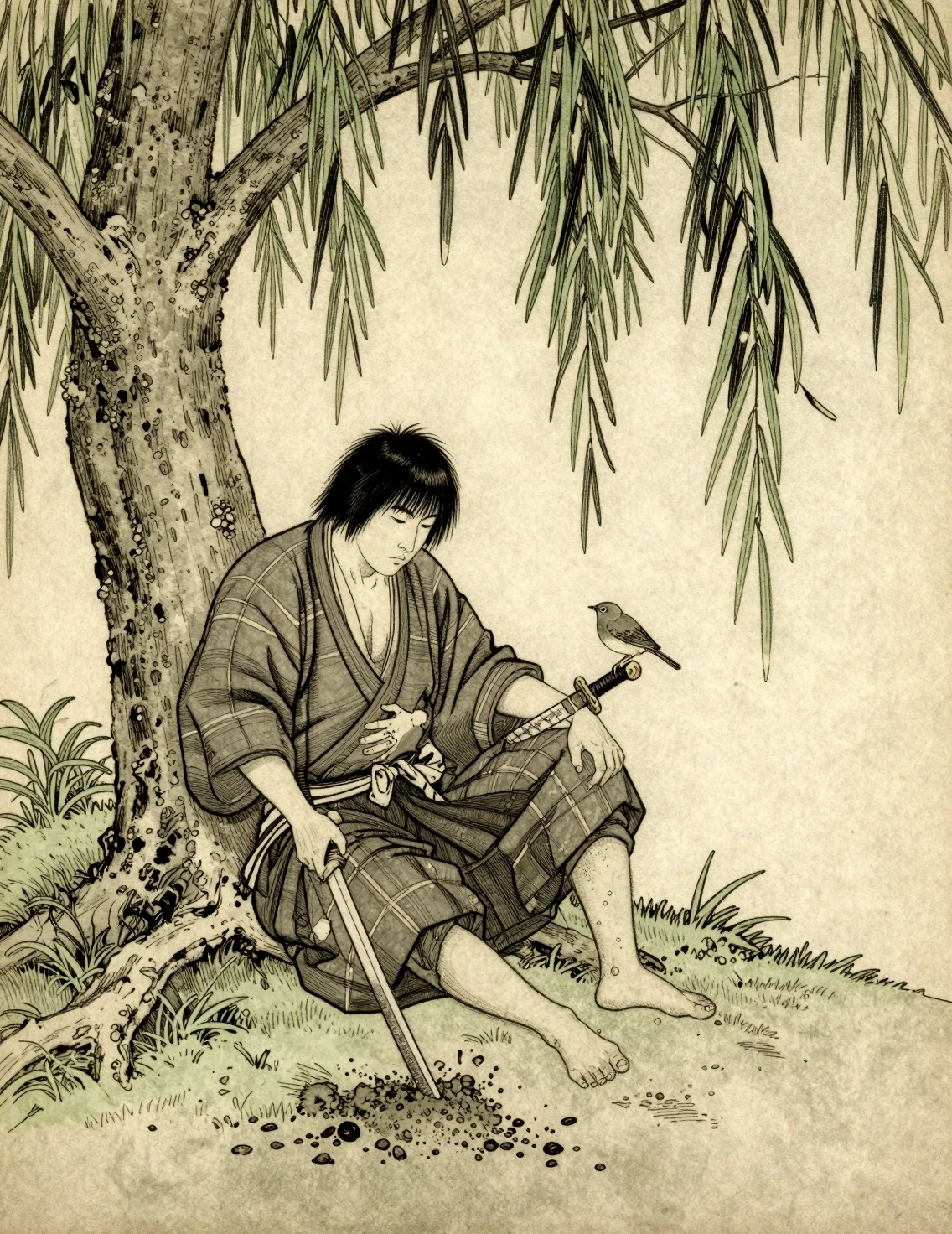 Wounded samurai resting beneath a weeping willow tree