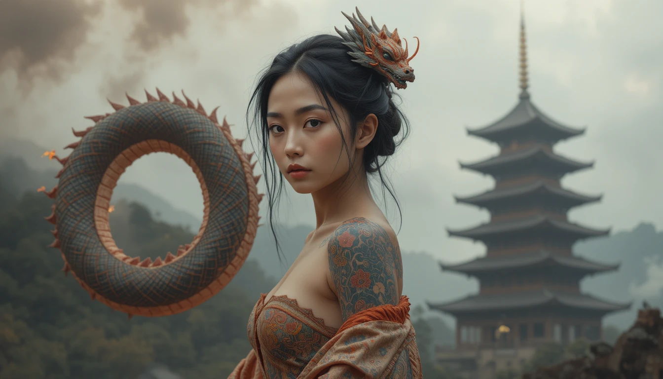 Japanese woman with dragon tattoo before burning temple