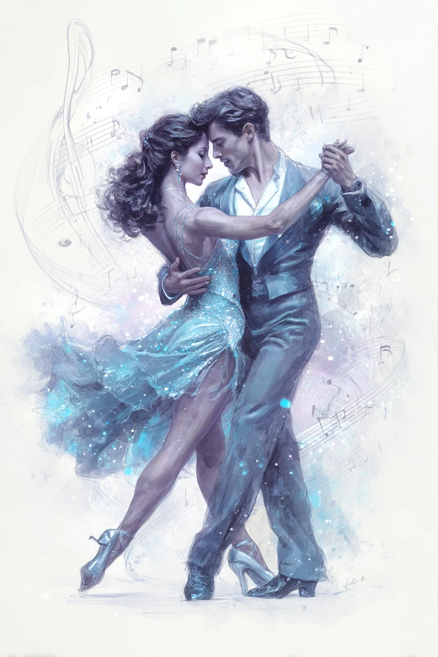 Watercolor dancing couple surrounded by glowing musical notes
