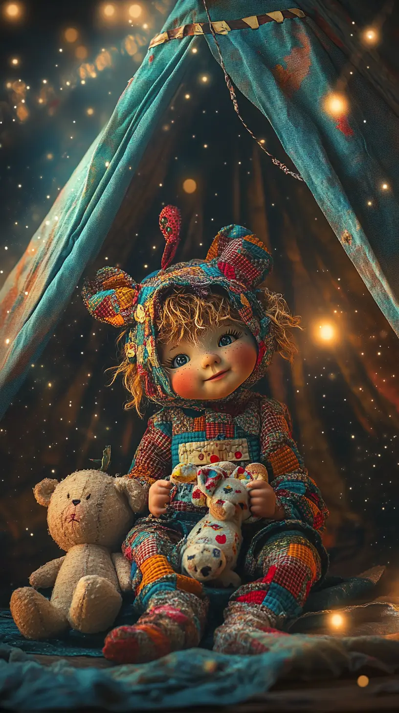 Bambino patchwork con giocattolo dentro di un tendone da circo sbiadito