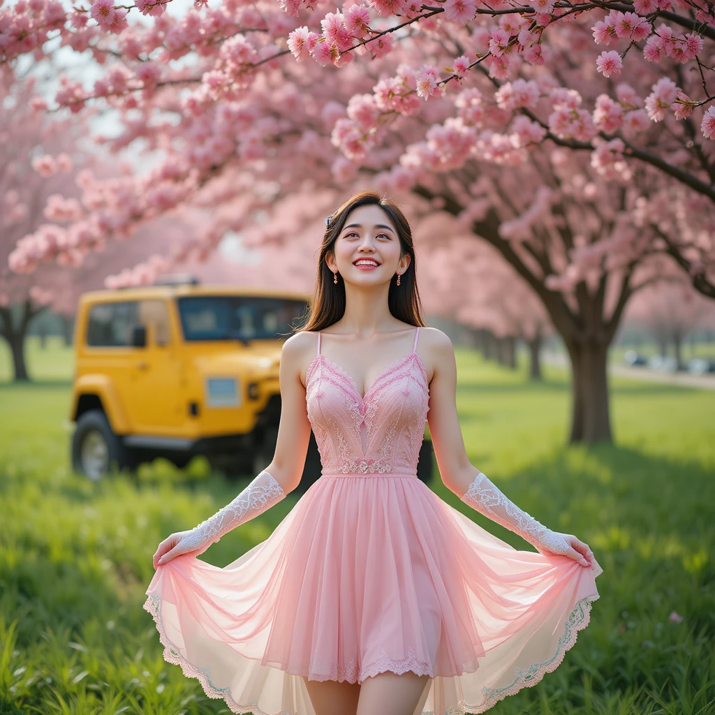Smiling woman in pink dress under cherry blossoms