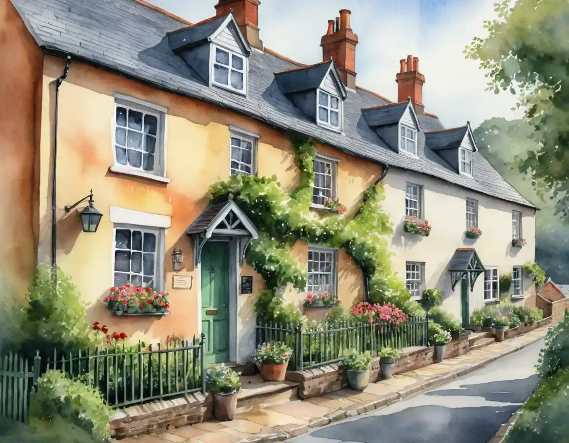 Charming English village cottages in gentle rainy watercolor