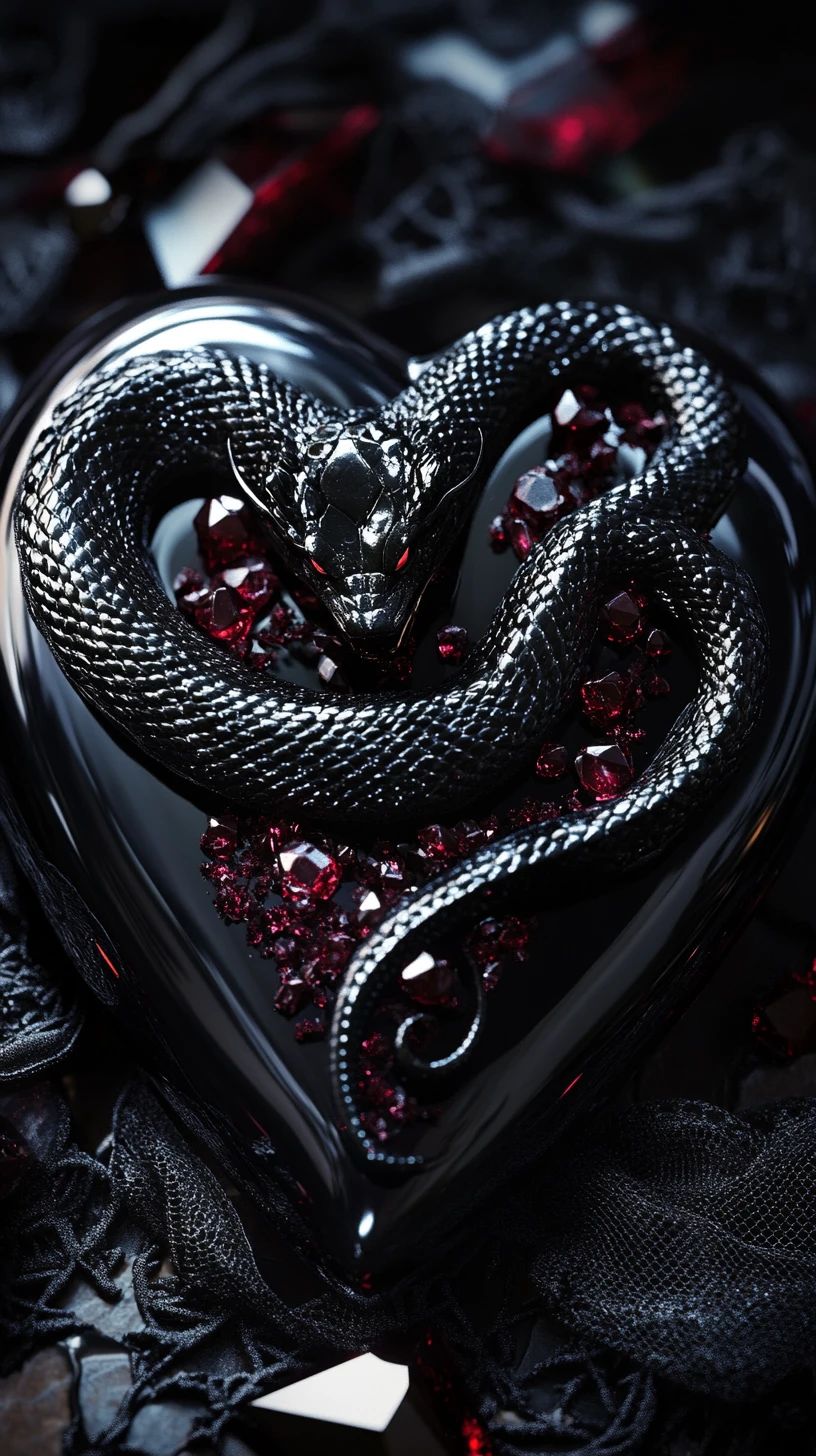 Obsidian Heart With Coiled Serpent Above Ruby Crystals