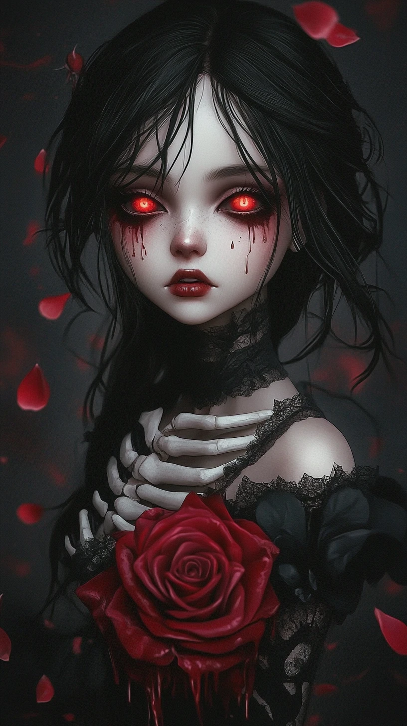 Gothic-Puppenmädchen mit leuchtend roten Augen und Rosen