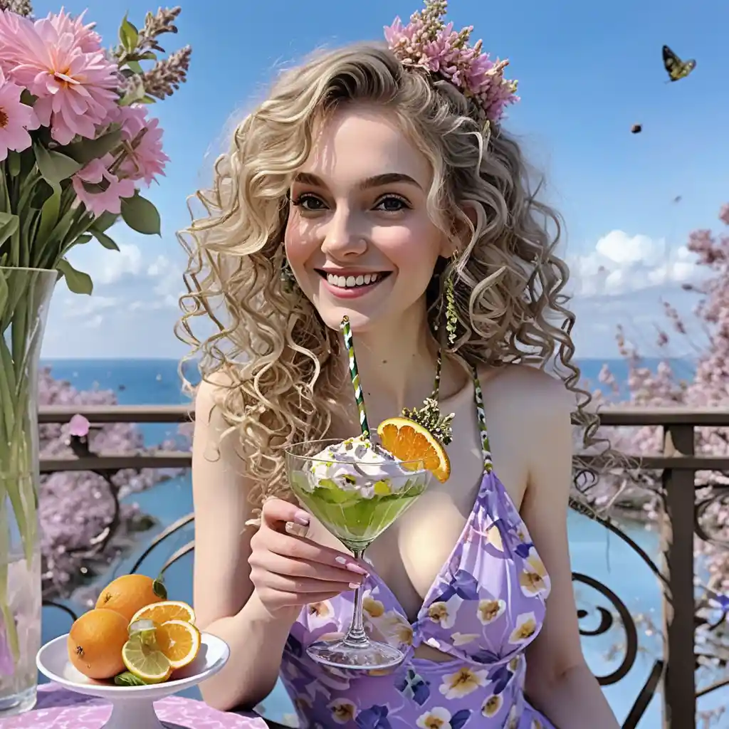 Romantic watercolor woman celebrating spring with cocktail