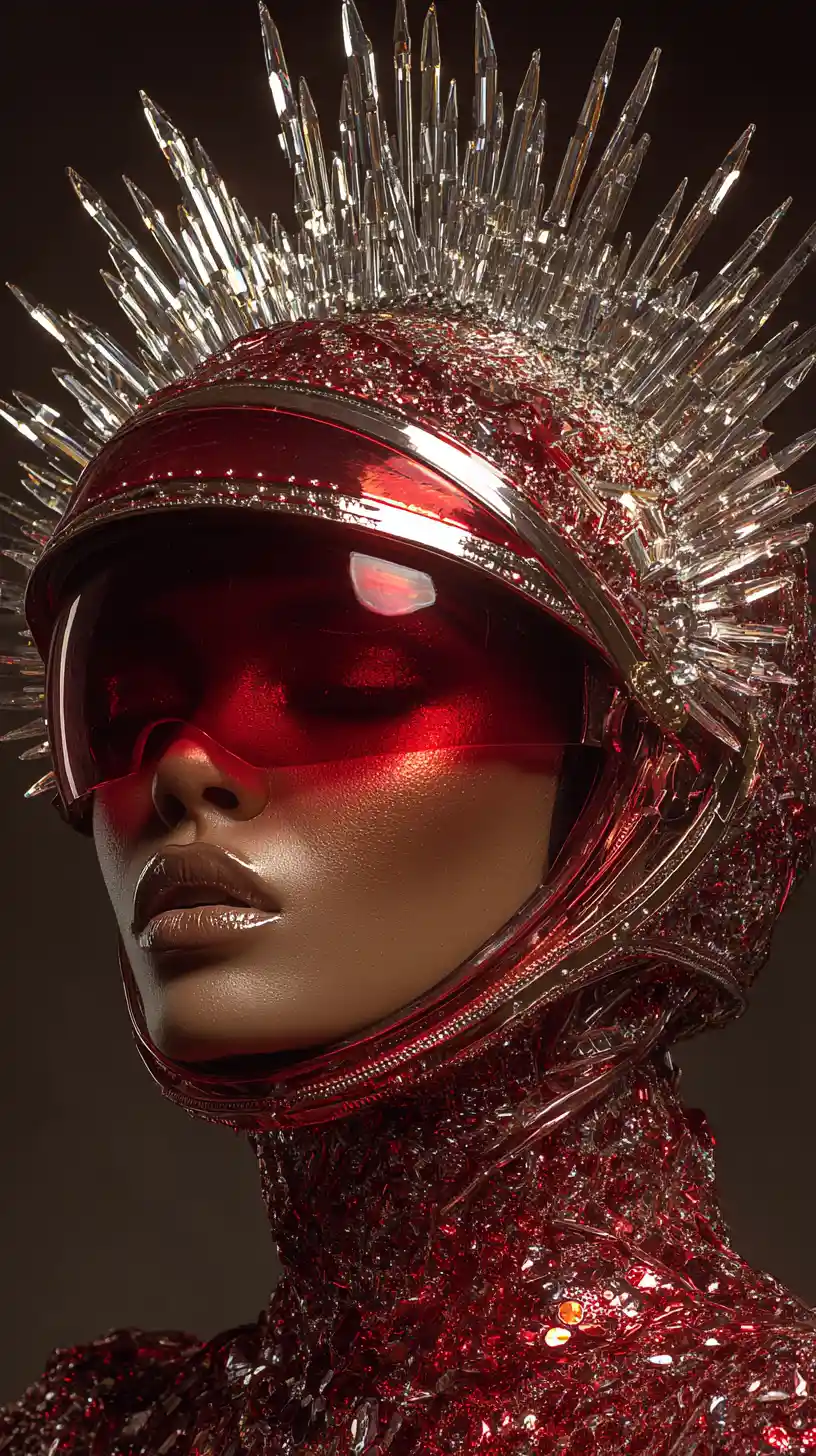 Cosmic fashion portrait of a woman in crystal astronaut helmet