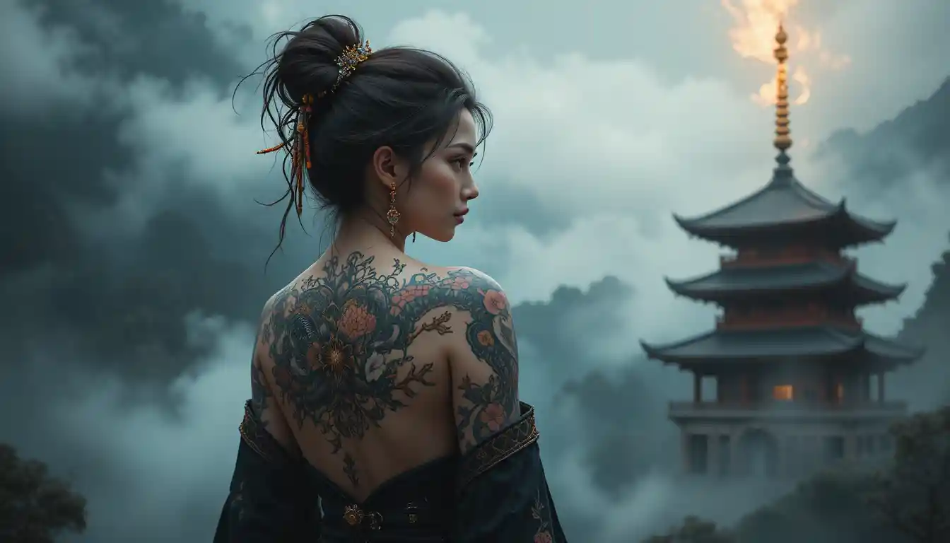 Japanese woman with dragon tattoo before flaming dragon