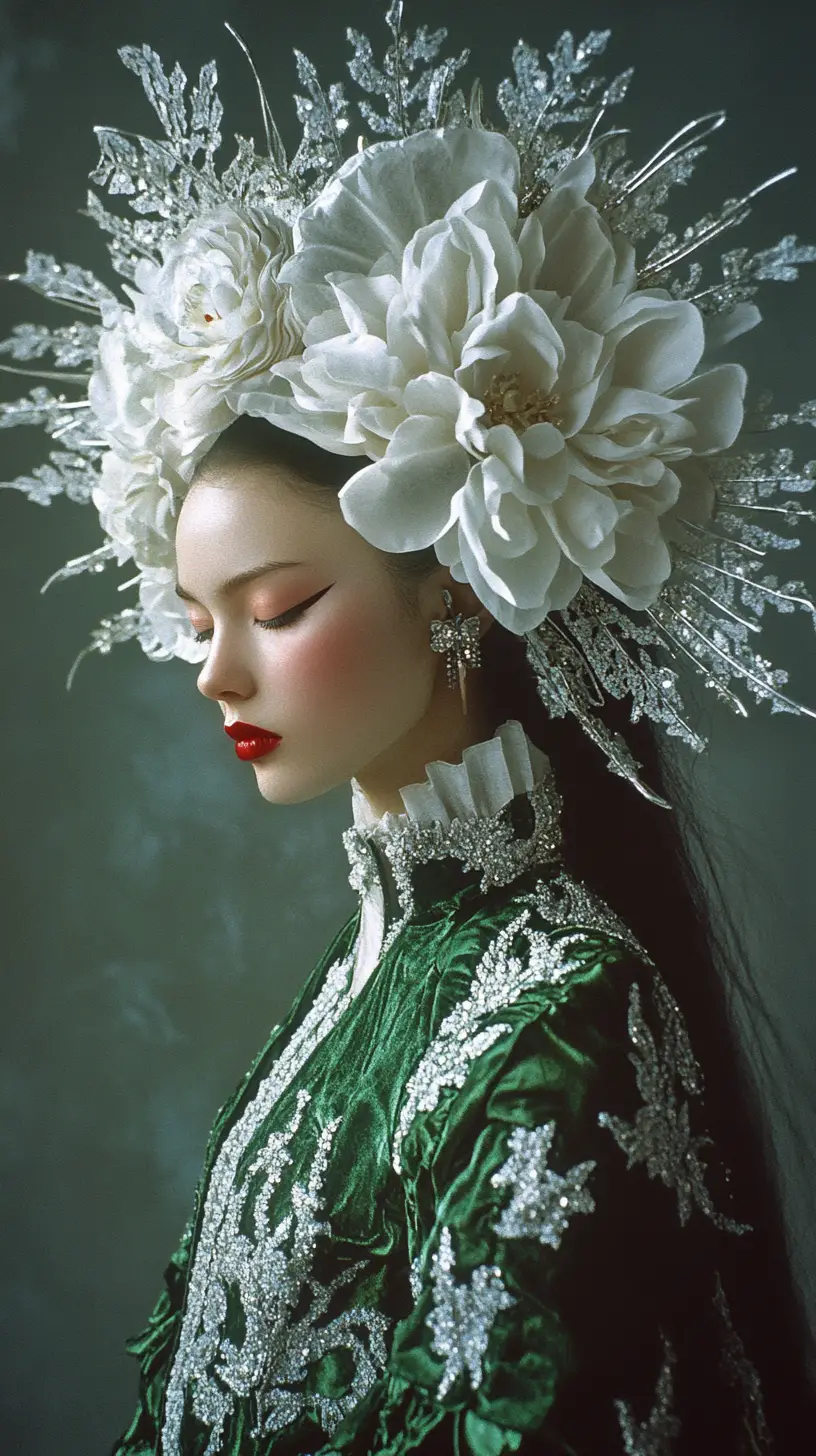 Regal fashion woman in green couture framed by white petals